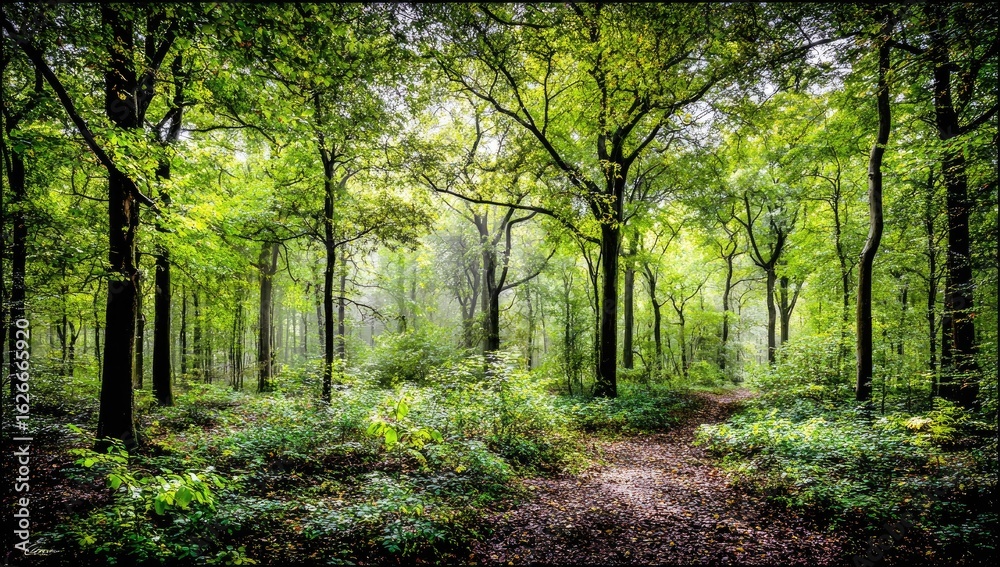 Naklejka premium Lush forest path in dappled sunlight