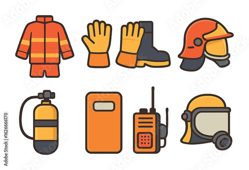 Firefighter Gear Icons. Flat vector mini-illustrations Firefighter protective gear in colors children's