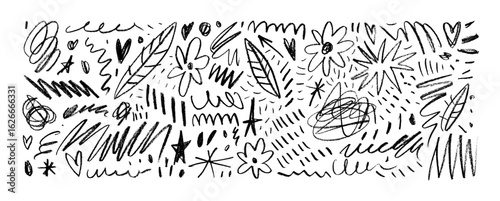 Crayon drawn scribbles, flowers and short pencil strokes. Childish drawings.