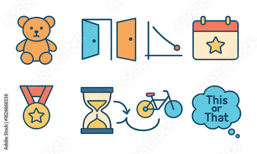 Children's Cost Concepts. Flat vector mini-illustrations Opportunity cost basics in colors children's