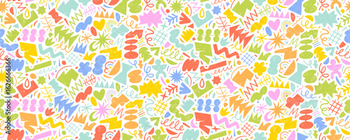Multi colored playful geometric seamless pattern with funky crayon drawn shapes. Pencil doodle shapes, naive geometric figures and forms. Sketchy funky seamless banner design. Kid's wrapping paper.