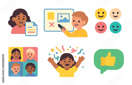 Virtual Collaboration Icons. Flat vector mini-illustrations Team collaboration in virtual spaces in colors