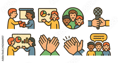 Business Presentation Icons. Flat vector mini-illustrations Team presentations in business in colors