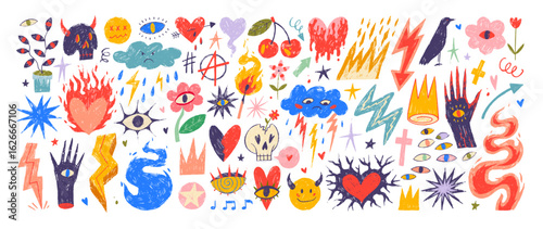 Crayon drawn funky punk or rock stickers. Whimsical girly illustration, teen style icons. Burning and melting hearts, playful shapes with eyes, lightning, fire. Modern punk tattoo, funky shapes.