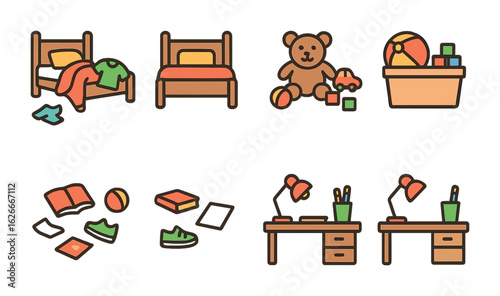 Clean vs Messy Bedrooms. Flat vector mini-illustrations Clean and messy bedroom comparison in colors