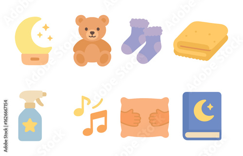 Bedtime Comfort Icons. Flat vector mini-illustrations Bedtime comfort items in colors children's illustrations