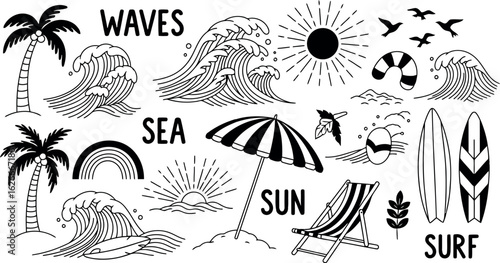 Vector art of a collection of handdrawn summer beach elements including crashing waves, palm trees, surfboards, a sun, an umbrella, and a beach chair, evoking a sense of vacation and relaxation