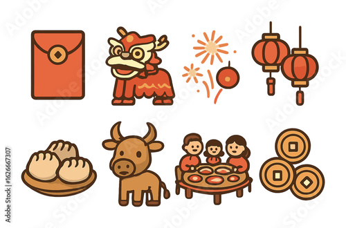 Lunar New Year Icons. Flat vector mini-illustrations Lunar New Year celebration in colors children's