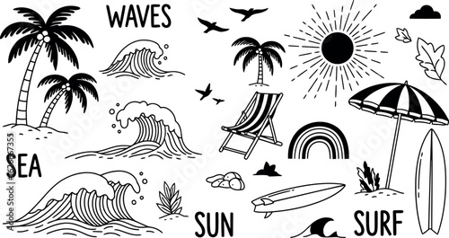 Vector art of collection of handdrawn summer beach elements including waves, palm trees, surfboards, sun, umbrella, and deck chair, perfect for vacation and travel designs