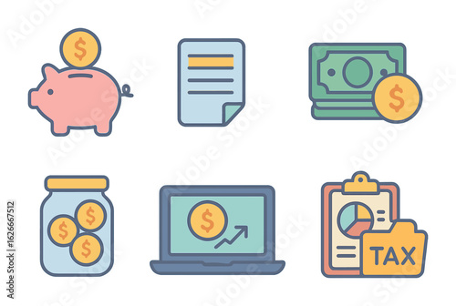 Freelance Budget Icons. Flat vector mini-illustrations Freelance income and budgeting in colors children's