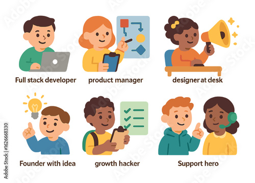 Startup Job Roles Grid. Flat vector mini-illustrations Job roles at startups in colors children's