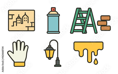 Urban Painting Icons. Flat vector mini-illustrations Urban wall painting in colors children's illustrations:
