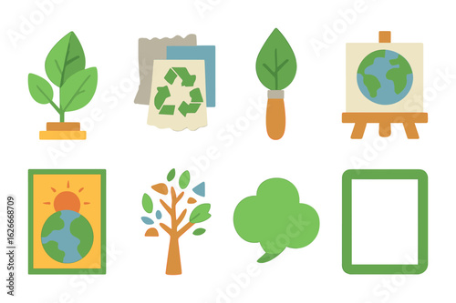 Environmental Kids' Artwork. Flat vector mini-illustrations Environmental art statements in colors children's
