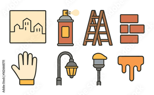 Urban Painting Icons. Flat vector mini-illustrations Urban wall painting in colors children's illustrations: