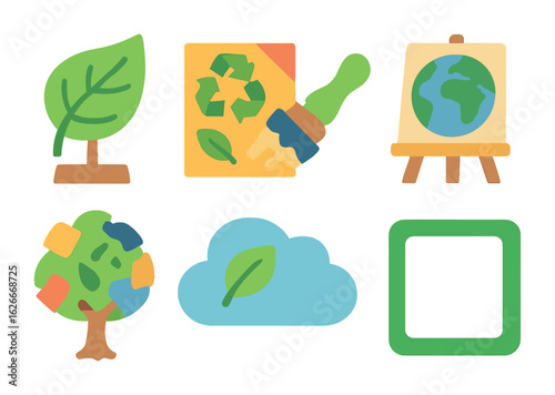 Environmental Kids' Artwork. Flat vector mini-illustrations Environmental art statements in colors children's