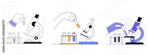 A gloved hand carefully holds a test tube while a microscope stands nearby