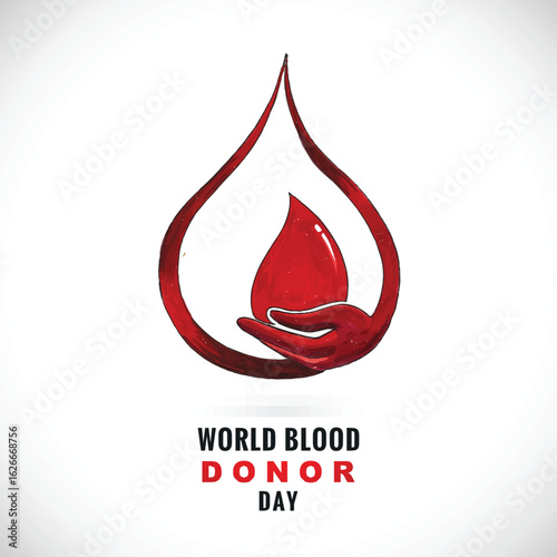 World Blood Donor Day Vector Background with Hand Holding Red Drop for Donation Campaign, Medical Poster, Health Care, and Charity Event.