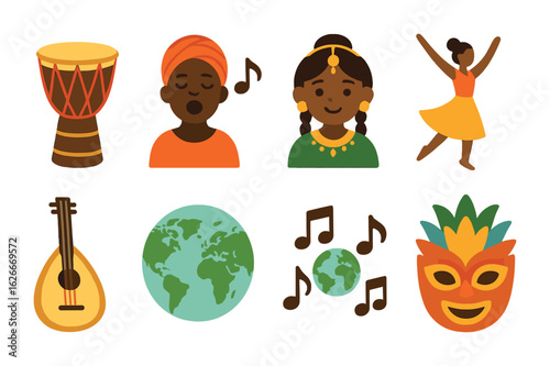 Multicultural Music Icons. Flat vector mini-illustrations Multicultural vocal arts in performance in colors