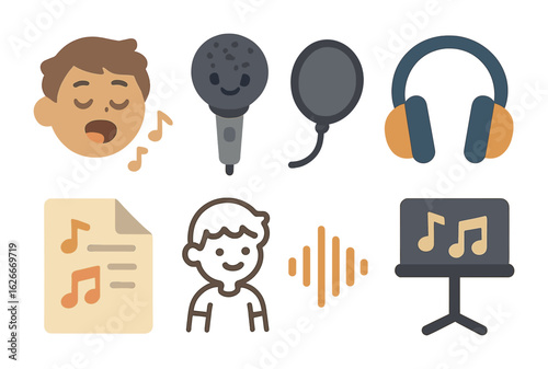Children's Singing Icons. Flat vector mini-illustrations Singing for animated shows in colors children's