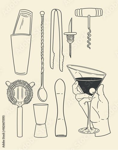 Set of original hand-drawn cocktail illustrations in a minimalist, linear style. Cocktail and alcoholic beverage preparation tools for posters, cards, bartending, bars, cocktails, and graphic design.