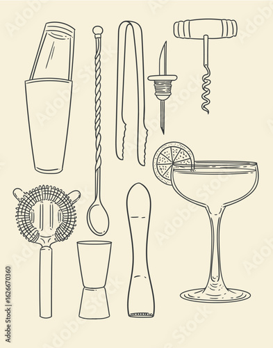 Set of original hand-drawn cocktail illustrations in a minimalist, linear style. Cocktail and alcoholic beverage preparation tools for posters, cards, bartending, bars, cocktails, and graphic design.