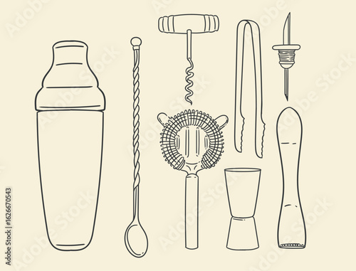 Set of original hand-drawn cocktail illustrations in a minimalist, linear style. Cocktail and alcoholic beverage preparation tools for posters, cards, bartending, bars, cocktails, and graphic design.