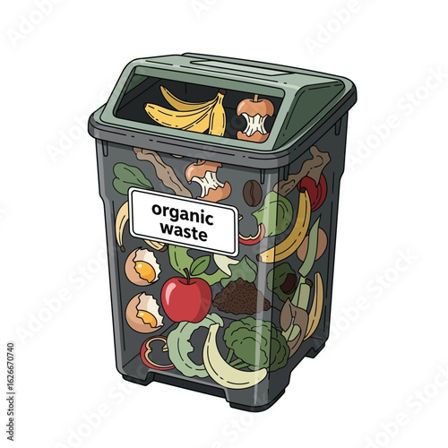 A dark gray compost bin overflowing with various organic food scraps, ready for composting.