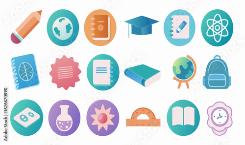 Flat-style icons representing school subjects, supplies, globes, and science tools in soft modern colors