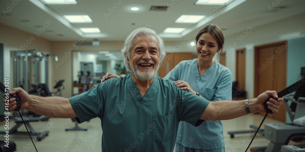 Obraz premium Happy Senior Man Engaged in Physical Therapy with a Supportive Female Therapist at a Rehabilitation Clinic