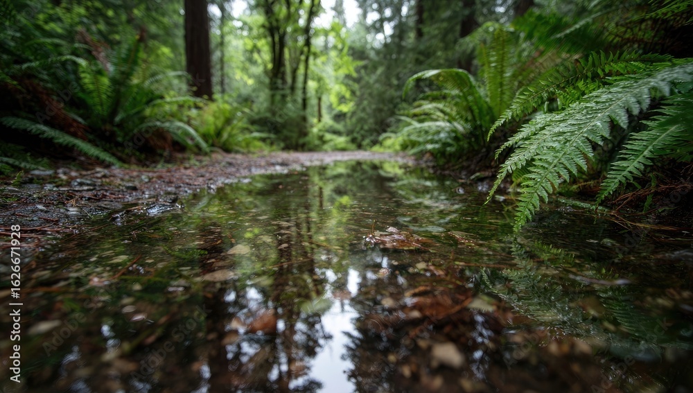 A shallow puddle reflects a lush forest A shallow puddle reflects a lush forest