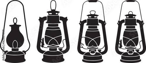 Four black silhouette kerosene lanterns on white background