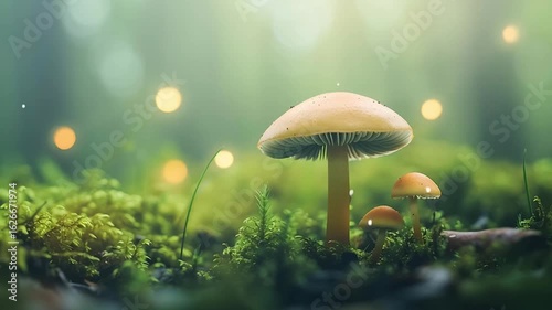 Wallpaper Mural Mushroom growing on green moss with glowing light orbs in soft focused natural forest creating magical peaceful nature plant atmosphere Torontodigital.ca