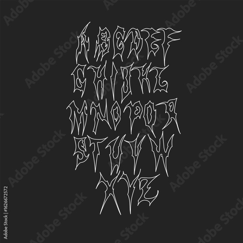 Tattoo-style alphabet font in Y2K rock design with thorns, vector template. Grunge Street Art style font alphabet. Death Metal, Rock, or Gothic style alphabet lettering for t-shirt prints and textile