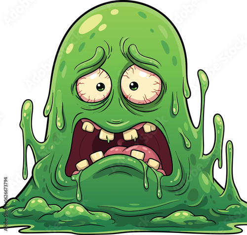 Cartoon green monster creature with expressive face screaming and looking terrified on white background