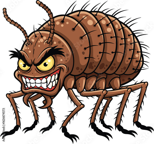 Cartoon illustration of a menacing cockroach with a determined expression ready to attack