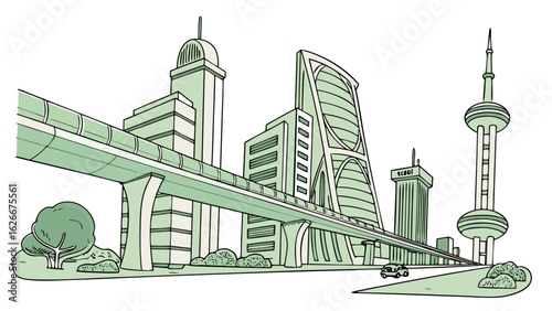 A cityscape illustration featuring modern buildings a monorail and a distant tower in a light green hue