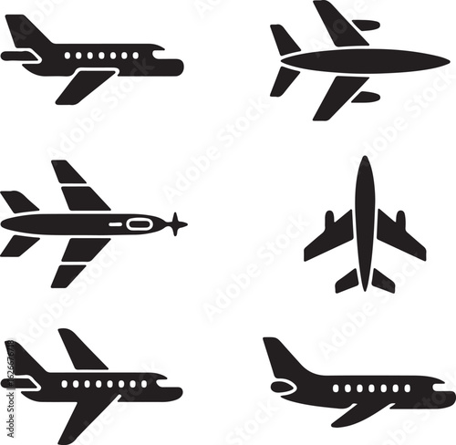 Black airplane aviation icons set with a symbol of a flying airliner for a travel airline business
