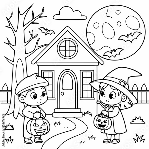 Trick or Treat - Happy Halloween Black and white coloring Vector Illustration