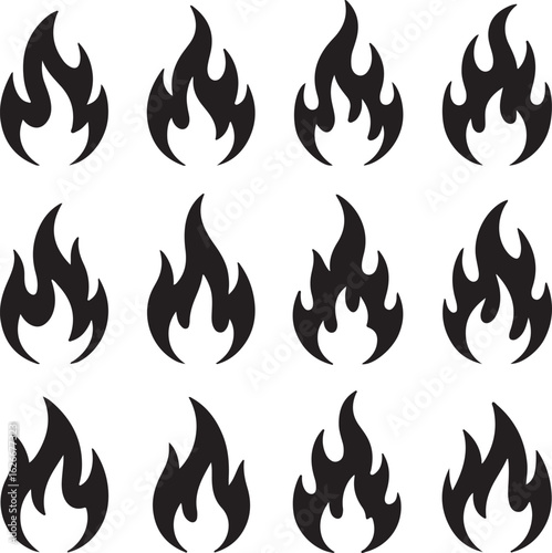 This illustration set depicts the power of a burning orange bonfire with various flame symbols and hot, blazing elements