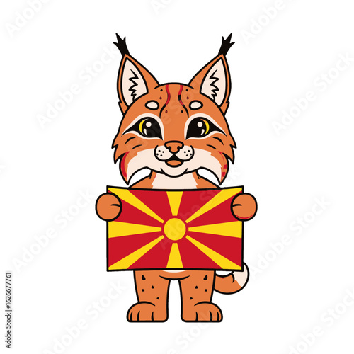 Cartoon lynx standing upright and holding the flag of North Macedonia.