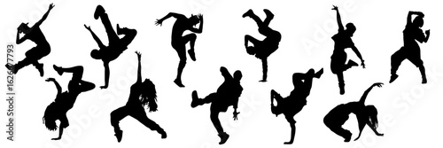 Dancers, boys and girls in different poses dancing modern dances. Silhouettes of people doing choreography. Ideal for advertising dances, choreography, hip-hop, modern.