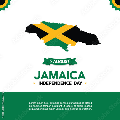 jamaica Independence Day Design, minimalist template of August 6th design elements with map in the center, burkina jamaica and flag in the form of poster and banner