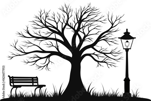 silhouette illustration of a large, bare deciduous tree with intricate, branching limbs