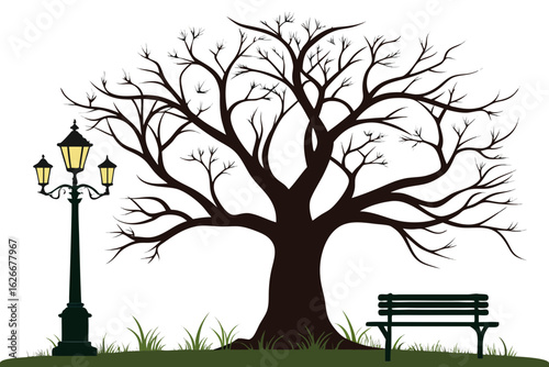 silhouette illustration of a large, bare deciduous tree with intricate, branching limbs