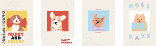 Stylized dog illustration card set featuring multiple breeds in festive outfits and Christmas elements. These unique character designs are perfect for pet-themed holiday cards, prints