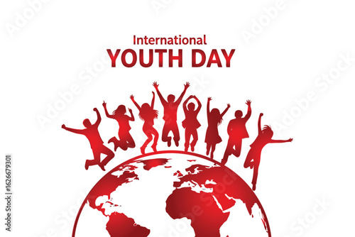 Group of multiethnic youths jump above earth globe in red for international youth day
