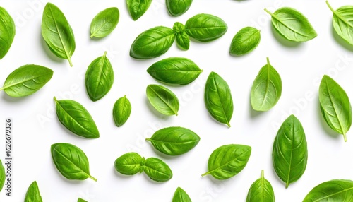 Vibrant Fresh Green Basil Leaves Showcasing Natural Texture and Color Against a Pure White Background