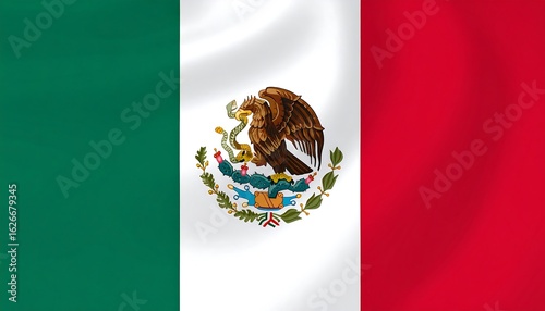 Mexican flag with green, white, and red vertical stripes, central eagle emblem holding snake on cactus