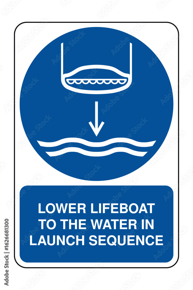Naklejka premium Lower Lifeboat to Water Safety Sign with Explanation — ISO 7010 M039 Vector Graphic