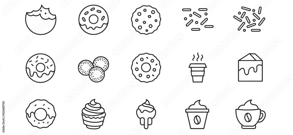 Fototapeta premium Collection of sweet treats and beverages drawn in a simple minimalist black line art style